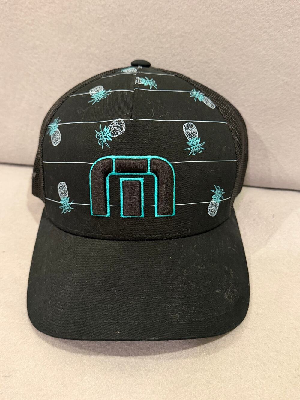 TravisMathew Pineapple Print Snapback Trucker Hat Black & Teal Adjustable Golf